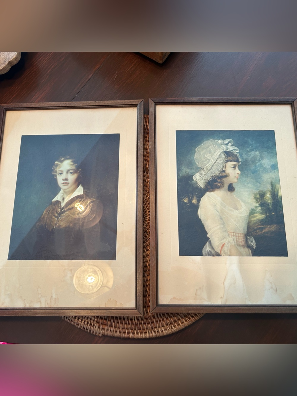 Unsigned Vintage Style Framed Portrait Prints in Blue and Cream